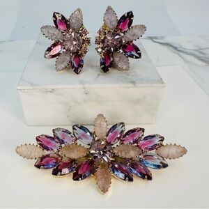 Vintage 1950s Brooch & Clip Earrings Set Amethyst & Frosted Rhinestone Marquise